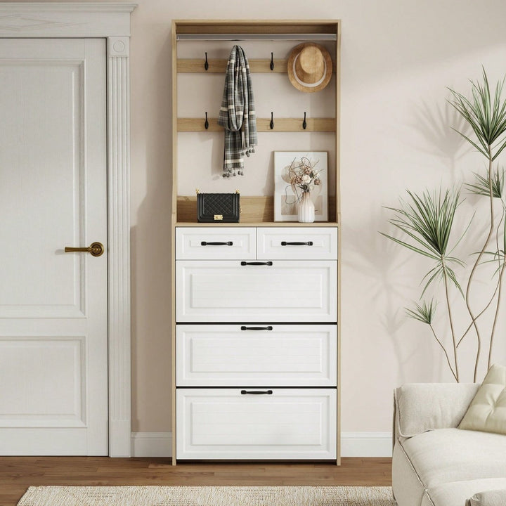 3-Door Shoe Cabinet With 2 Drawers And Hanger Spacious Storage Solution White Image 1