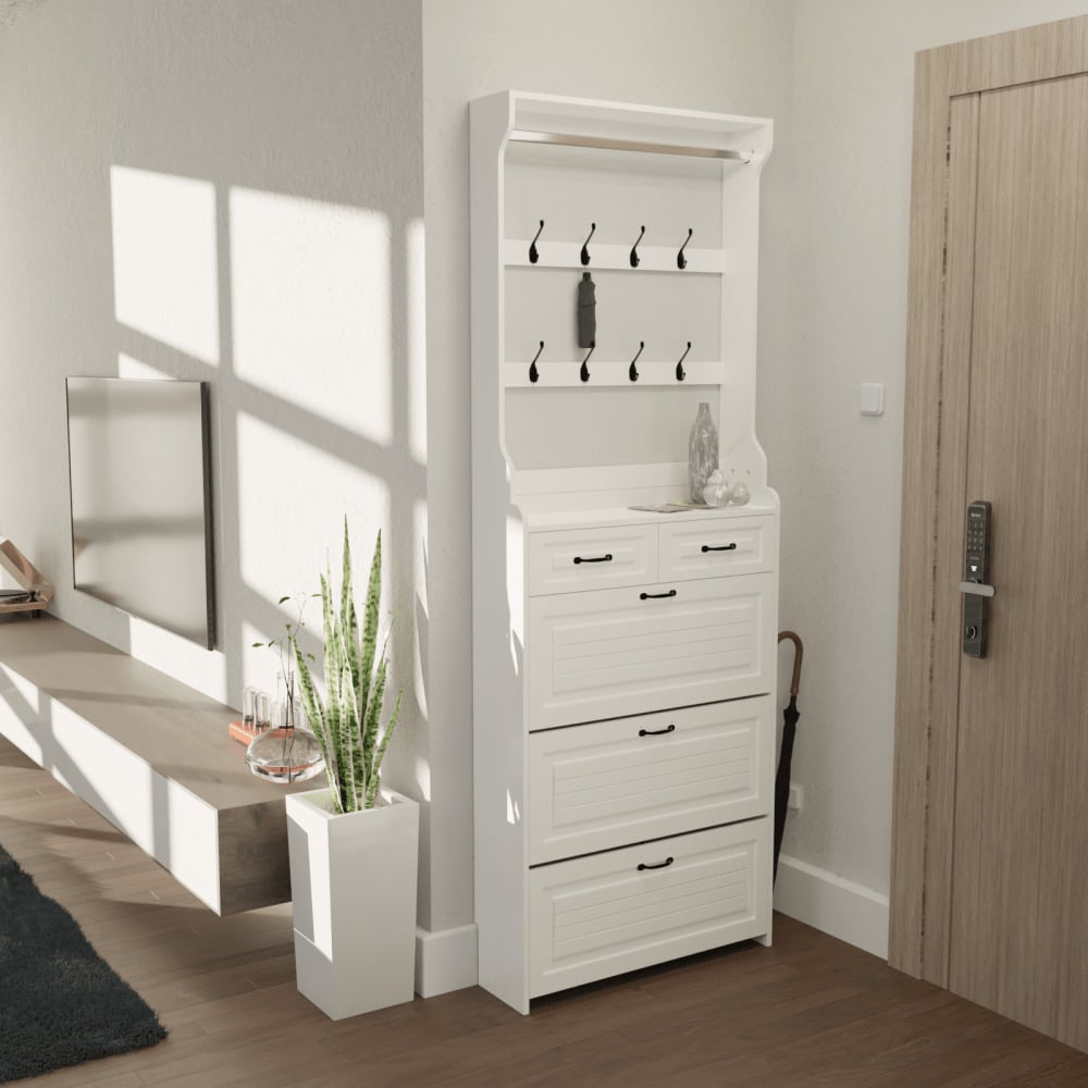 3-Door Shoe Cabinet With 2 Drawers And Hanger Spacious Storage Solution White Image 3