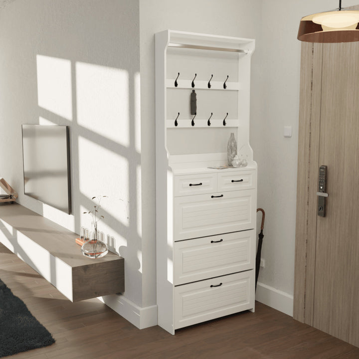 3-Door Shoe Cabinet With 2 Drawers And Hanger Spacious Storage Solution White Image 4