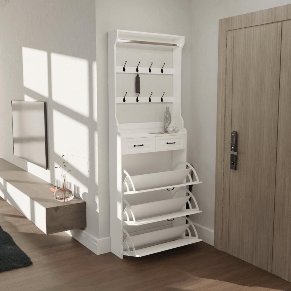 3-Door Shoe Cabinet With 2 Drawers And Hanger Spacious Storage Solution White Image 6