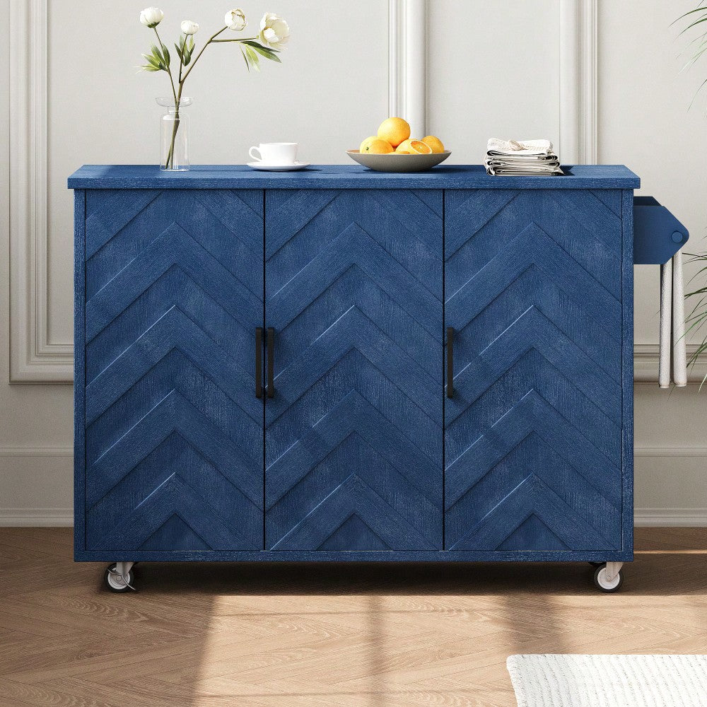 3D Wave Stripes Ash Veneer Kitchen Island With Drop Leaf And Wheels, Farmhouse Rolling Cart With Internal Storage Rack, Image 3