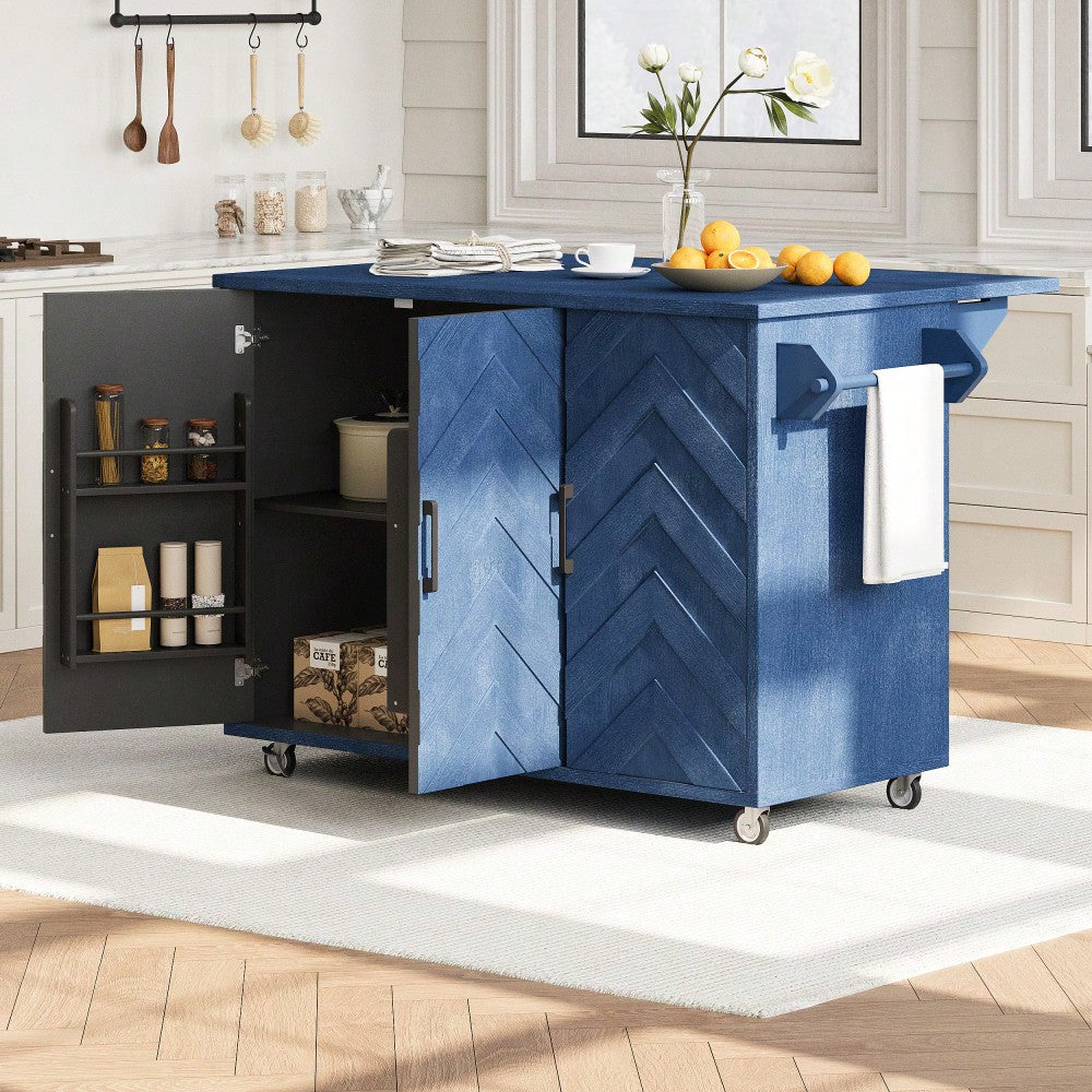 3D Wave Stripes Ash Veneer Kitchen Island With Drop Leaf And Wheels, Farmhouse Rolling Cart With Internal Storage Rack, Image 4