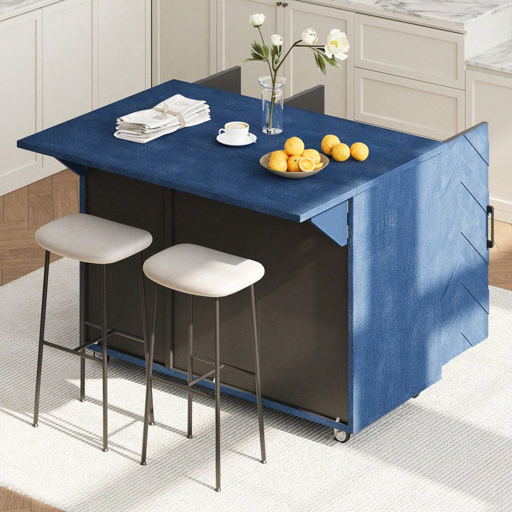 3D Wave Stripes Ash Veneer Kitchen Island With Drop Leaf And Wheels, Farmhouse Rolling Cart With Internal Storage Rack, Image 5