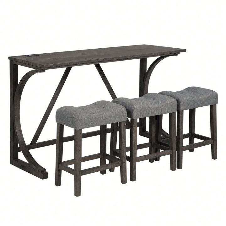 4-Piece Dark Gray Bar Table Set With Power Outlet And 3 Padded Stools For Dining Room Living Room Game Image 2