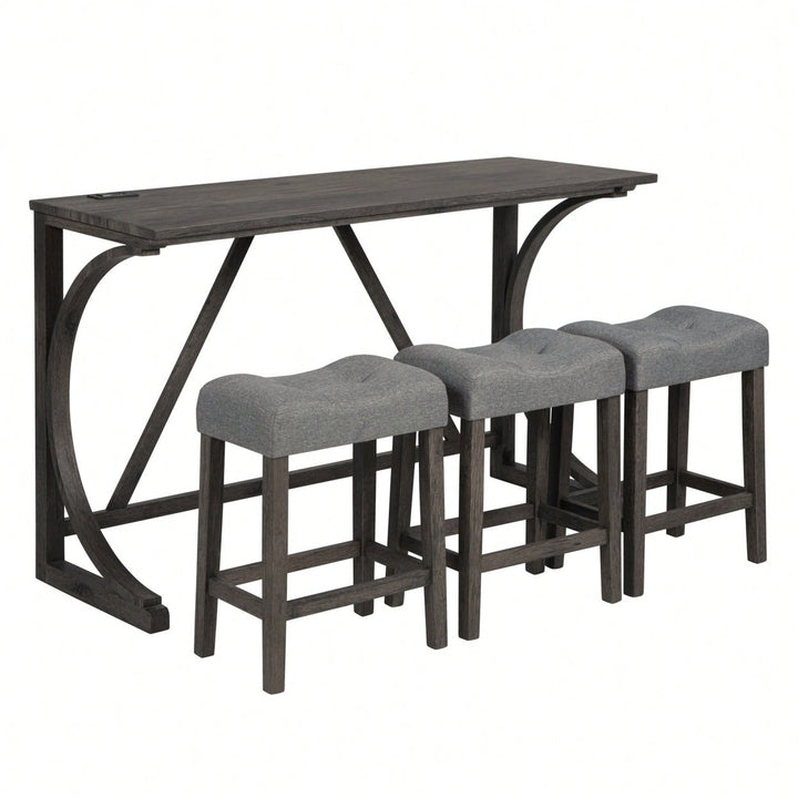 4-Piece Dark Gray Bar Table Set With Power Outlet And 3 Padded Stools For Dining Room Living Room Game Image 1