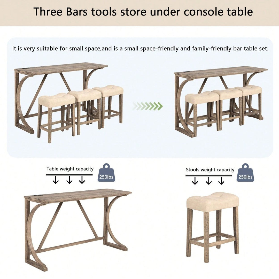 4-Piece Dark Gray Bar Table Set With Power Outlet And 3 Padded Stools For Dining Room Living Room Game Image 12