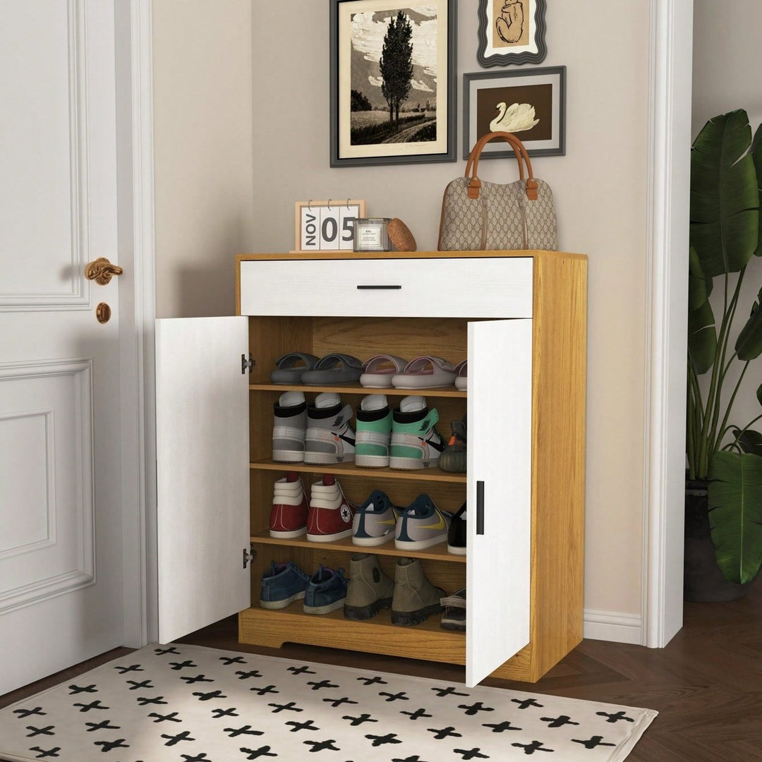 4-Tier Freestanding Wooden Shoe Cabinet With Drawer And Adjustable Shelves For Entryway And Hallway Storage Image 4