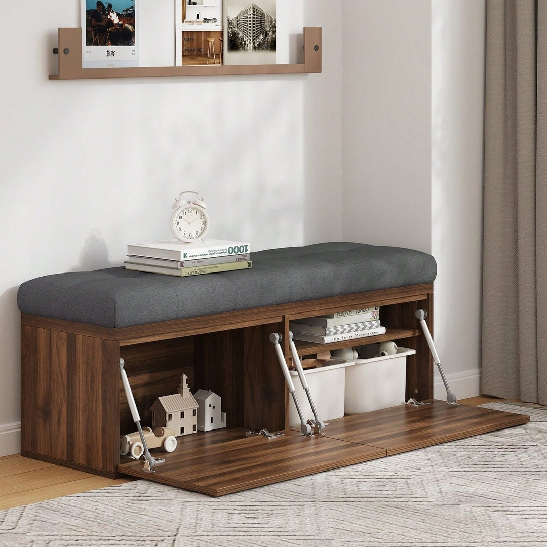 49 Inch Storage Bench With Adjustable Shelves Padded Seat Cushion And Double Doors Ideal For Entryway Hallway And Image 5