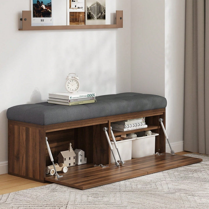 49 Inch Storage Bench With Adjustable Shelves Padded Seat Cushion And Double Doors Ideal For Entryway Hallway And Image 5