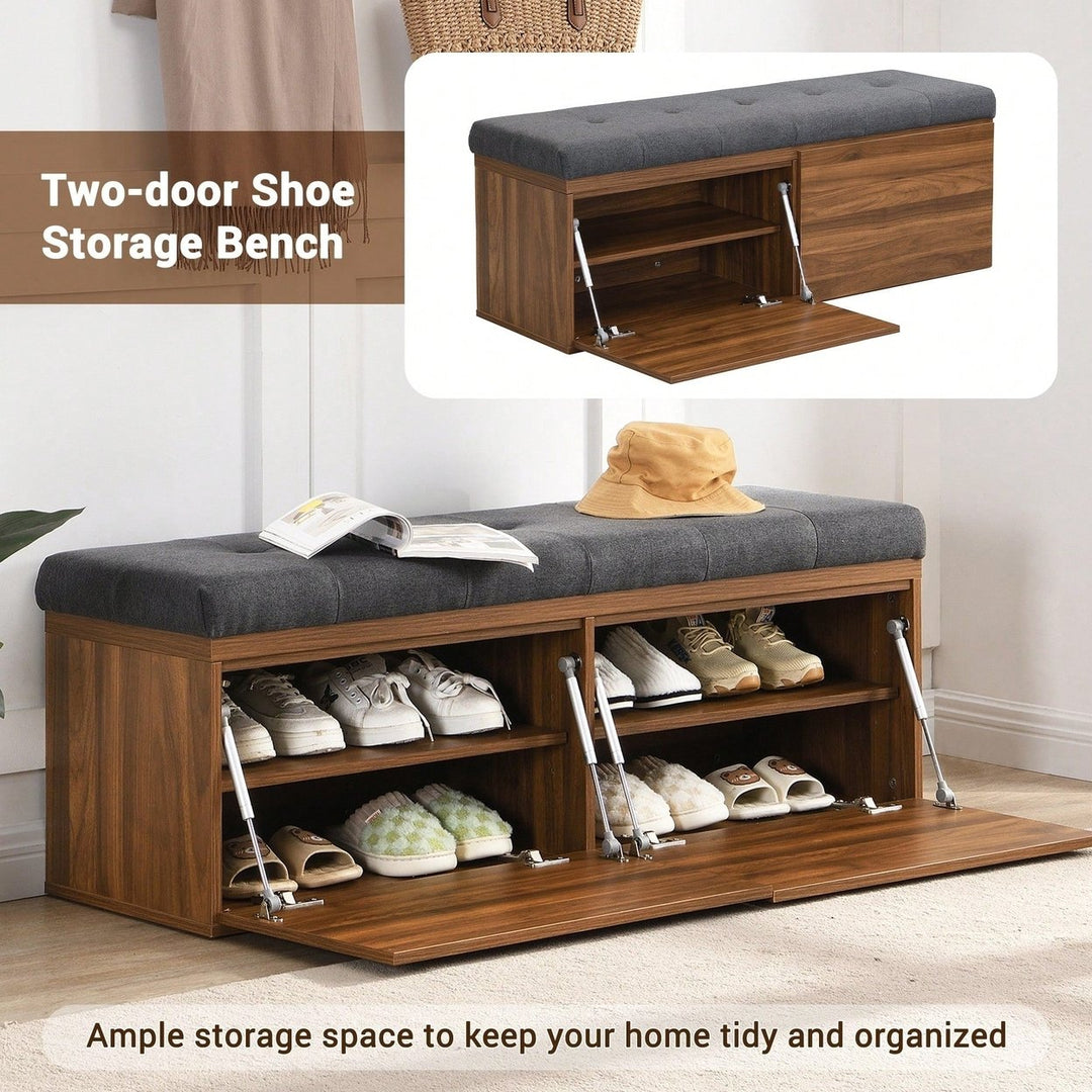 49 Inch Storage Bench With Adjustable Shelves Padded Seat Cushion And Double Doors Ideal For Entryway Hallway And Image 9