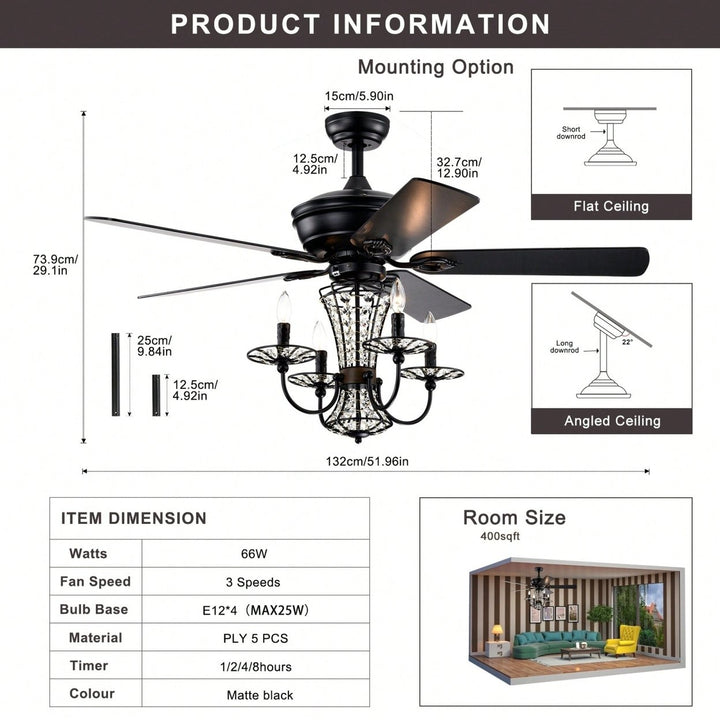 52 Inch Modern Crystal Chandelier Ceiling Fan With Remote Control And Dual Finish Reversible Blades For Living Room, Image 6