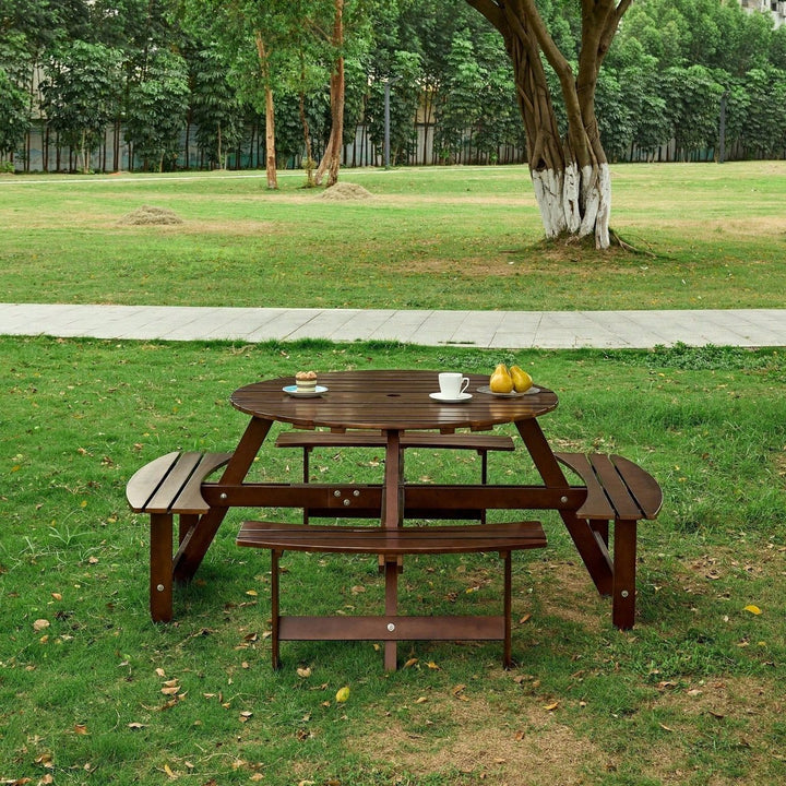 8 Person Round Outdoor Picnic Table With 4 Built-In Benches And Umbrella Hole For Garden Backyard Patio Image 6