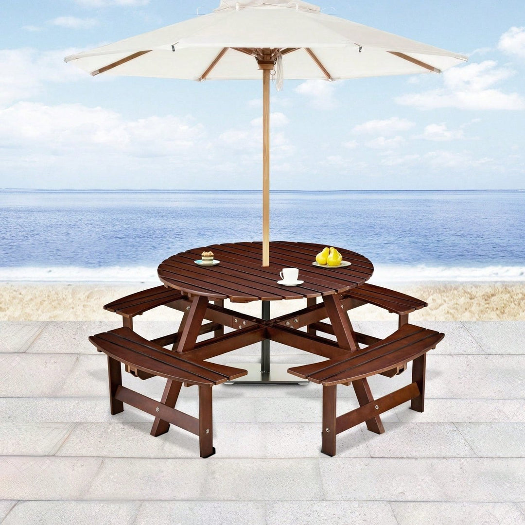 8 Person Round Outdoor Picnic Table With 4 Built-In Benches And Umbrella Hole For Garden Backyard Patio Image 8