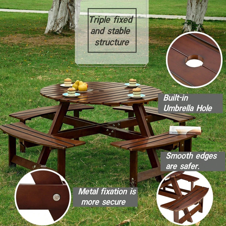 8 Person Round Outdoor Picnic Table With 4 Built-In Benches And Umbrella Hole For Garden Backyard Patio Image 11