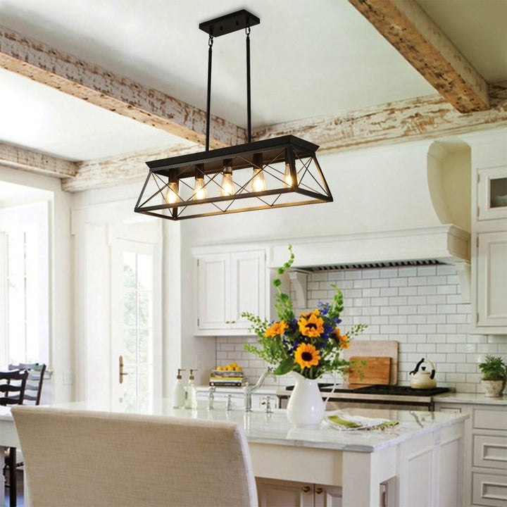 5-Light Rustic Farmhouse Pendant Chandelier Modern Metal Rectangular Island Light Fixture for Dining Room Kitchen Living Image 3