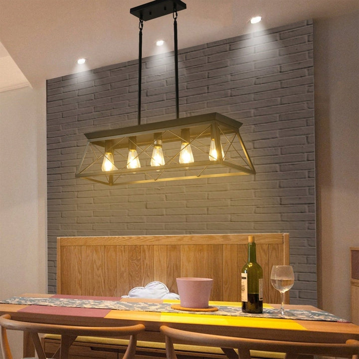 5-Light Rustic Farmhouse Pendant Chandelier Modern Metal Rectangular Island Light Fixture for Dining Room Kitchen Living Image 4