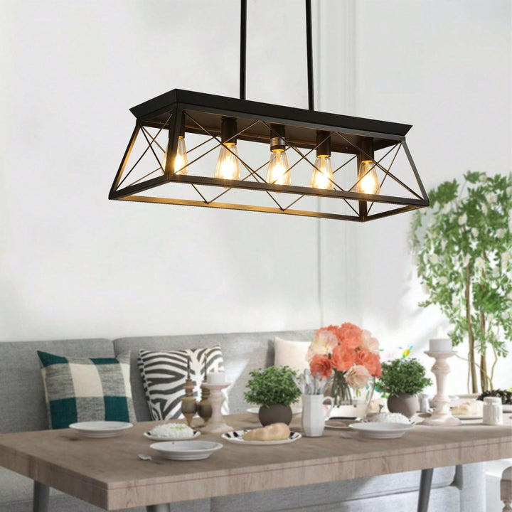 5-Light Rustic Farmhouse Pendant Chandelier Modern Metal Rectangular Island Light Fixture for Dining Room Kitchen Living Image 7