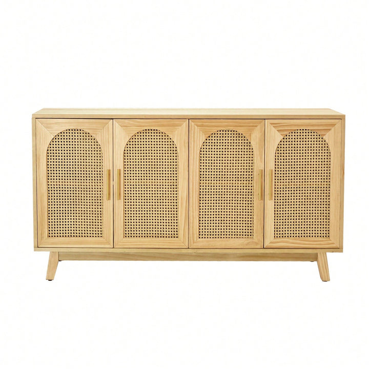 Boho Chic 4-Door Sideboard Buffet Cabinet With Rattan Doors And Metal Handles For Living Room Hallway Entryway Natural Image 1