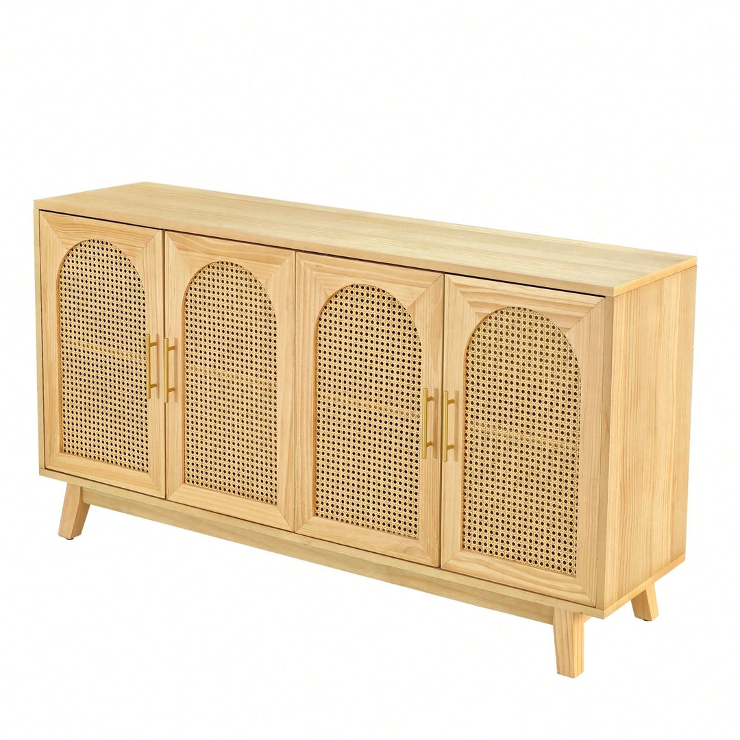 Boho Chic 4-Door Sideboard Buffet Cabinet With Rattan Doors And Metal Handles For Living Room Hallway Entryway Natural Image 3