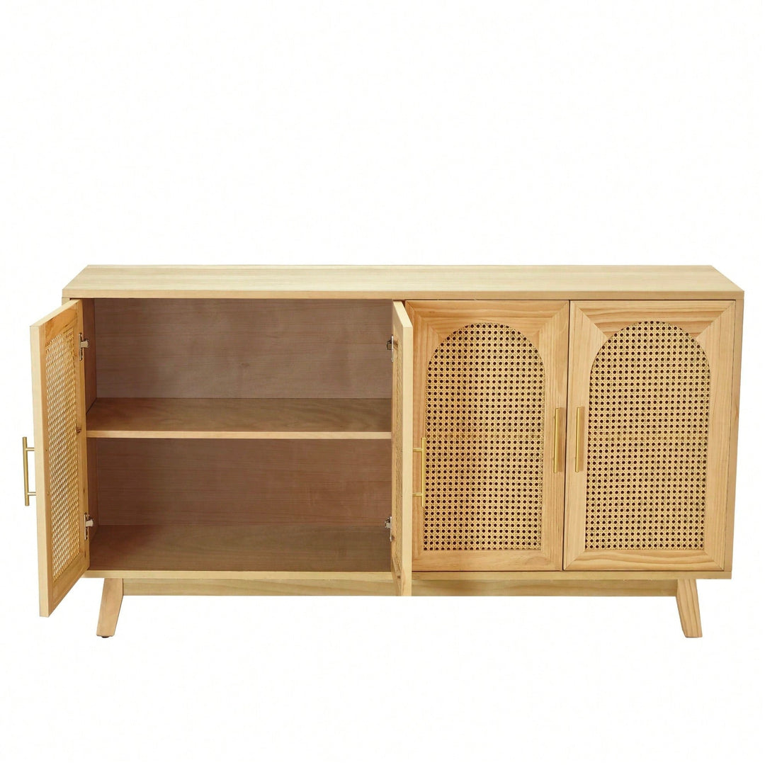 Boho Chic 4-Door Sideboard Buffet Cabinet With Rattan Doors And Metal Handles For Living Room Hallway Entryway Natural Image 4