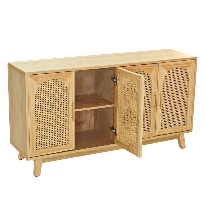 Boho Chic 4-Door Sideboard Buffet Cabinet With Rattan Doors And Metal Handles For Living Room Hallway Entryway Natural Image 5