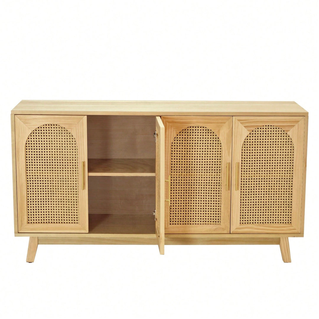 Boho Chic 4-Door Sideboard Buffet Cabinet With Rattan Doors And Metal Handles For Living Room Hallway Entryway Natural Image 6