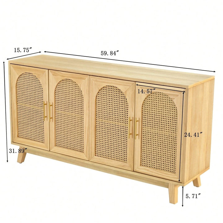 Boho Chic 4-Door Sideboard Buffet Cabinet With Rattan Doors And Metal Handles For Living Room Hallway Entryway Natural Image 8