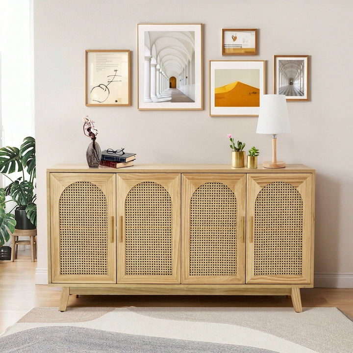 Boho Chic 4-Door Sideboard Buffet Cabinet With Rattan Doors And Metal Handles For Living Room Hallway Entryway Natural Image 9