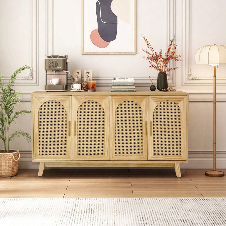 Boho Chic 4-Door Sideboard Buffet Cabinet With Rattan Doors And Metal Handles For Living Room Hallway Entryway Natural Image 10