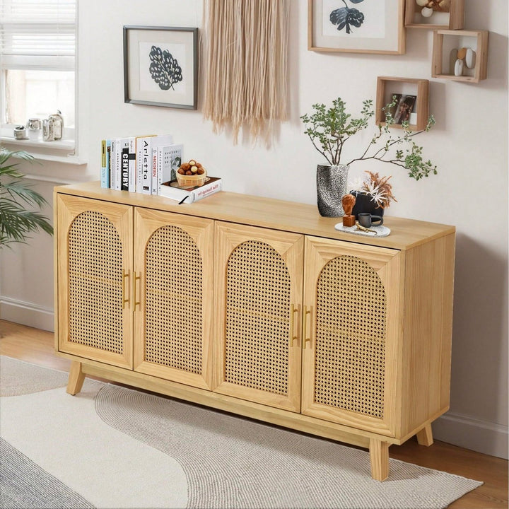 Boho Chic 4-Door Sideboard Buffet Cabinet With Rattan Doors And Metal Handles For Living Room Hallway Entryway Natural Image 11