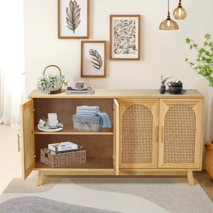 Boho Chic 4-Door Sideboard Buffet Cabinet With Rattan Doors And Metal Handles For Living Room Hallway Entryway Natural Image 12