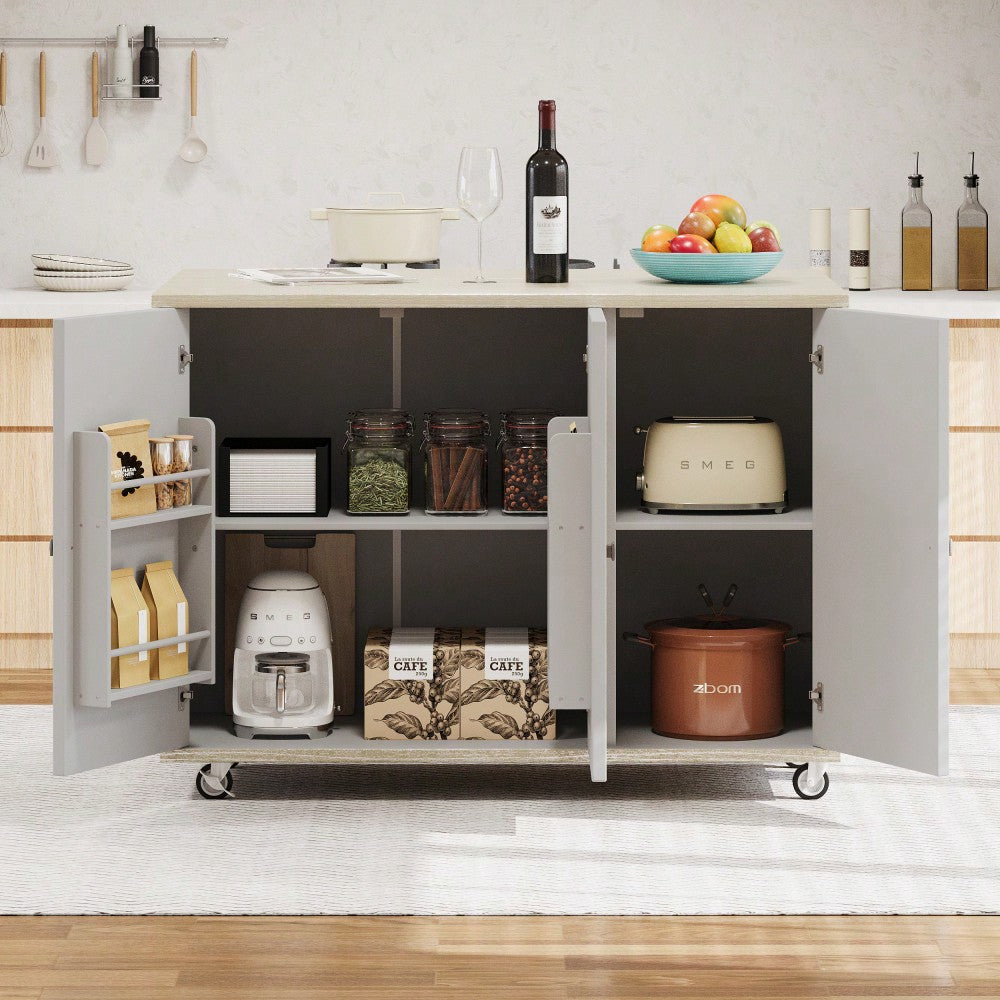 Coastal Solid Wood Handwoven Kitchen Island With Drop Leaf And Internal Storage Rack On Wheels, Champagne Finish Image 3