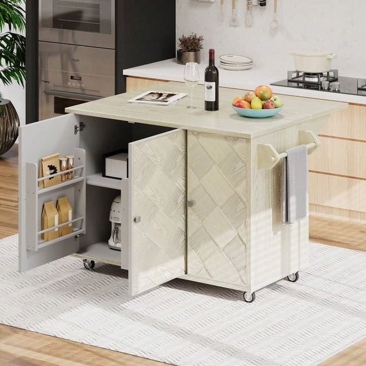 Coastal Solid Wood Handwoven Kitchen Island With Drop Leaf And Internal Storage Rack On Wheels, Champagne Finish Image 4