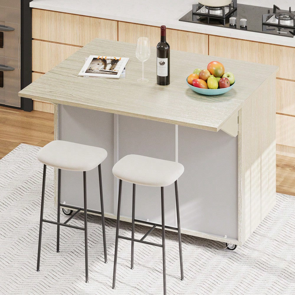 Coastal Solid Wood Handwoven Kitchen Island With Drop Leaf And Internal Storage Rack On Wheels, Champagne Finish Image 5