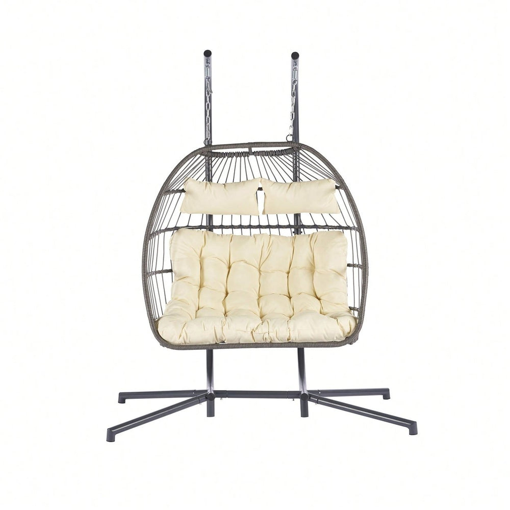 Cozy Two Person Outdoor Rattan Hanging Chair Wicker Egg Swing For Patio Relaxation Image 2