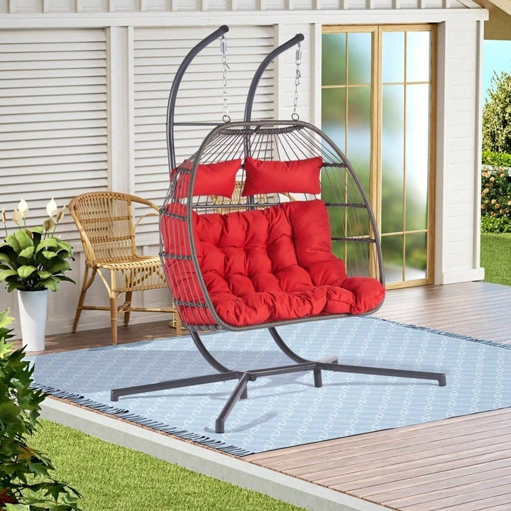 Cozy Two Person Outdoor Rattan Hanging Chair Wicker Egg Swing For Patio Relaxation Image 8