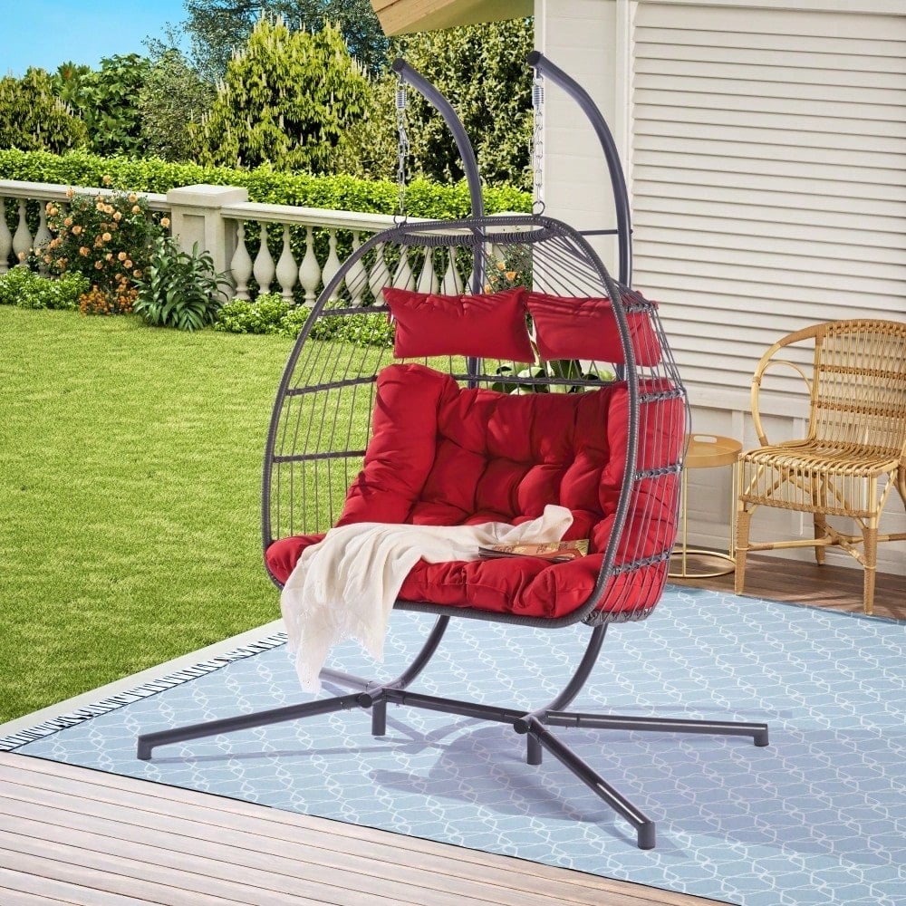 Cozy Two Person Outdoor Rattan Hanging Chair Wicker Egg Swing For Patio Relaxation Image 10