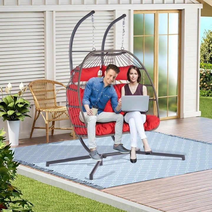 Cozy Two Person Outdoor Rattan Hanging Chair Wicker Egg Swing For Patio Relaxation Image 11