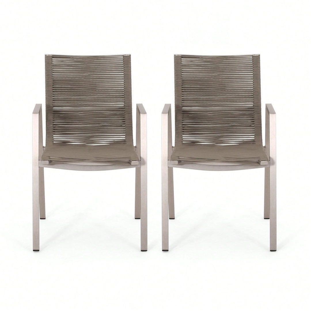 Contemporary Outdoor Aluminum Dining Chairs With Rope Seat Set Of 2 Silver And Taupe Image 1