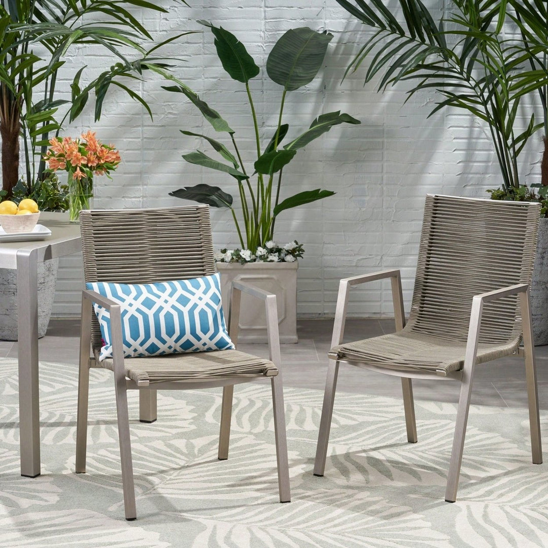 Contemporary Outdoor Aluminum Dining Chairs With Rope Seat Set Of 2 Silver And Taupe Image 2