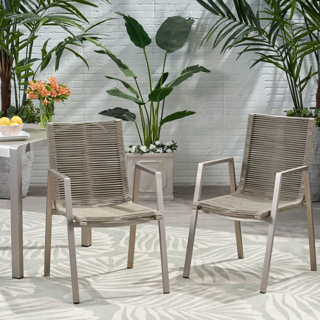 Contemporary Outdoor Aluminum Dining Chairs With Rope Seat Set Of 2 Silver And Taupe Image 3