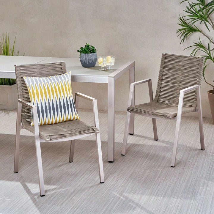 Contemporary Outdoor Aluminum Dining Chairs With Rope Seat Set Of 2 Silver And Taupe Image 4