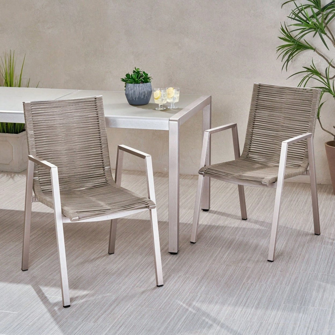 Contemporary Outdoor Aluminum Dining Chairs With Rope Seat Set Of 2 Silver And Taupe Image 5