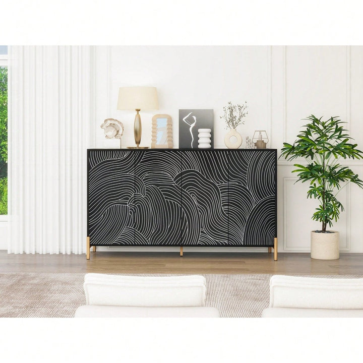 Carved 4 Door Sideboard Buffet Cabinet With Adjustable Shelves For Living Room Bedroom And Dining Room Storage Image 11