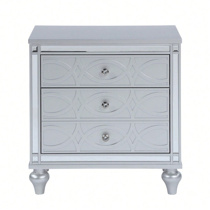 Elegant White Nightstand With Mirror Frame Accents And Hidden Drawer For Living Room Or Bedroom Image 1