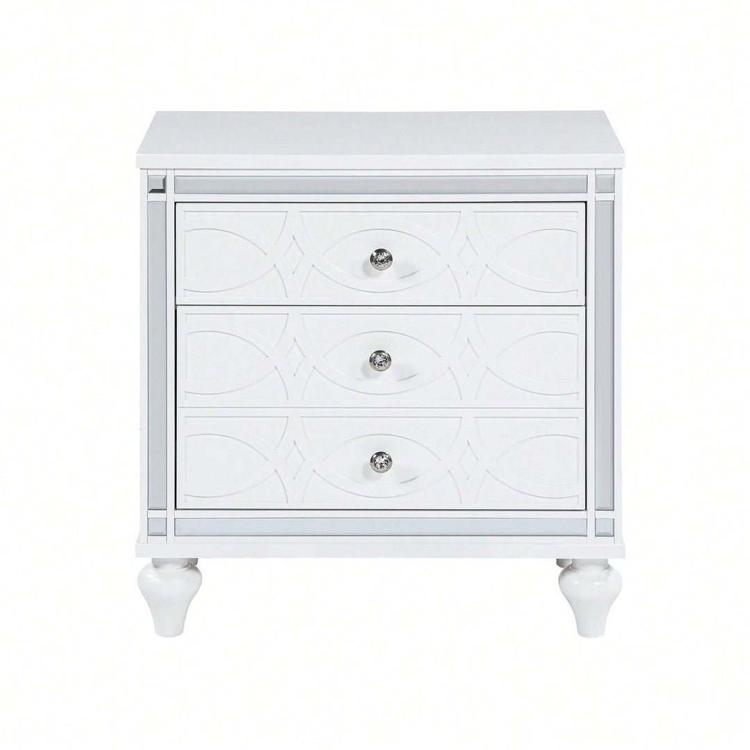 Elegant White Nightstand With Mirror Frame Accents And Hidden Drawer For Living Room Or Bedroom Image 2