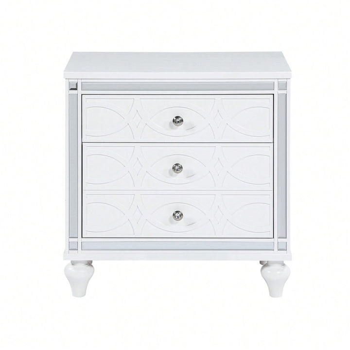 Elegant White Nightstand With Mirror Frame Accents And Hidden Drawer For Living Room Or Bedroom Image 2