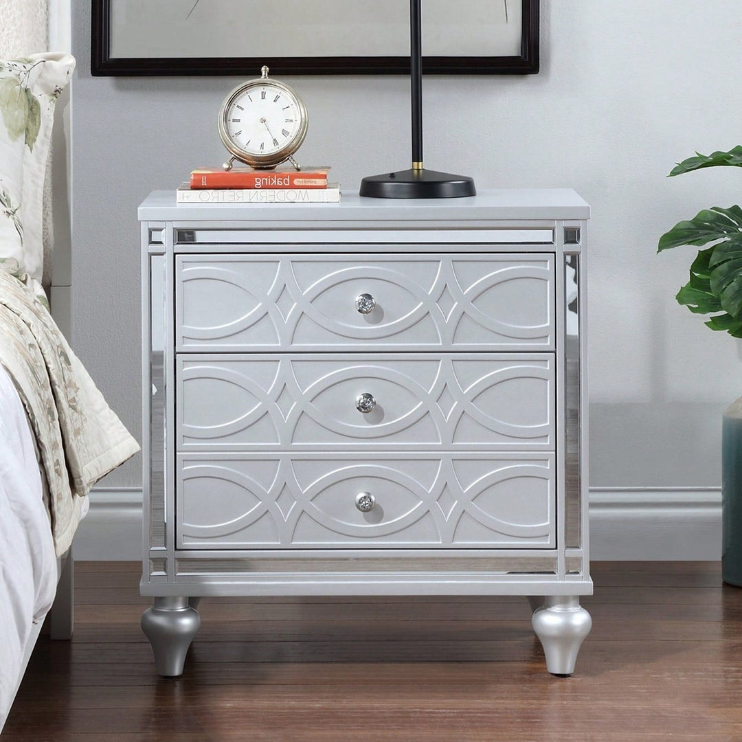 Elegant White Nightstand With Mirror Frame Accents And Hidden Drawer For Living Room Or Bedroom Image 4