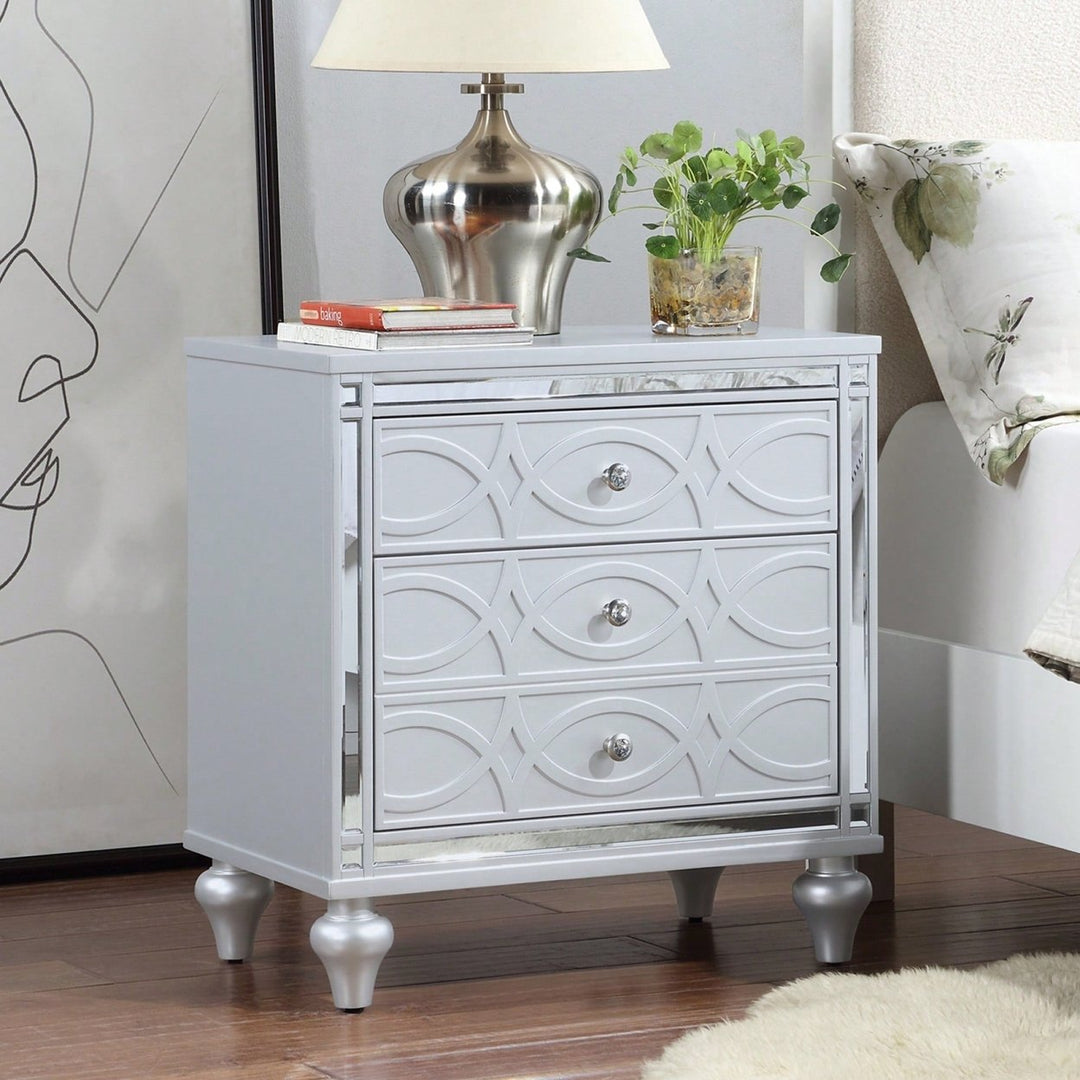 Elegant White Nightstand With Mirror Frame Accents And Hidden Drawer For Living Room Or Bedroom Image 5