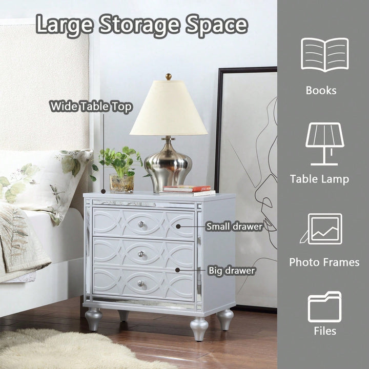 Elegant White Nightstand With Mirror Frame Accents And Hidden Drawer For Living Room Or Bedroom Image 8